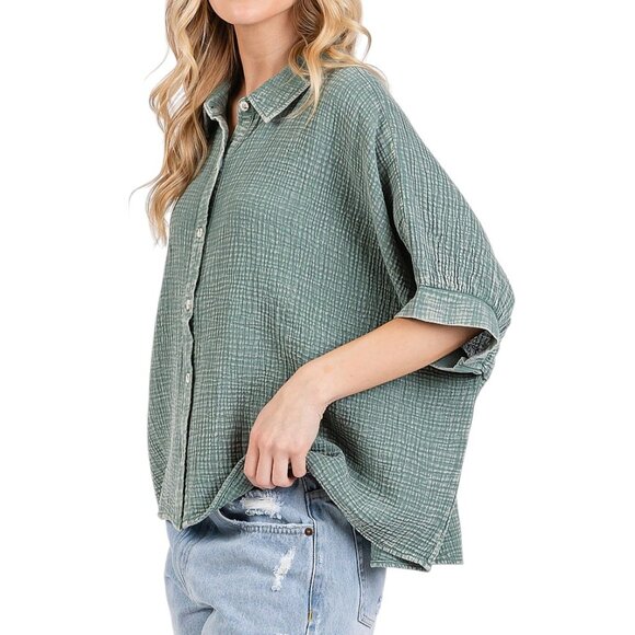 Green Mineral Wash Dolman Sleeve Button Down Womens Shirt - Picture 4 of 5